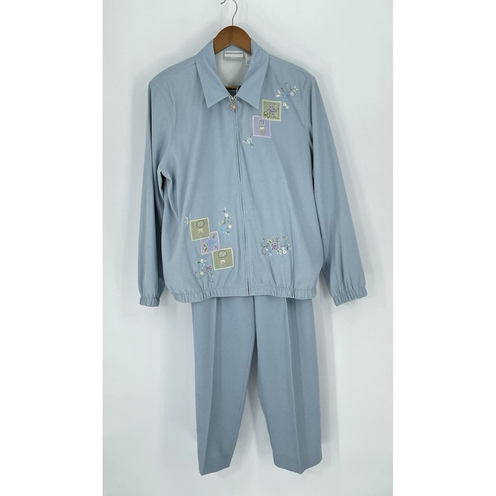 Alfred Dunner Womens 16P 2 piece Blue Pants Floral Top Pull‎ On Pants Sporty